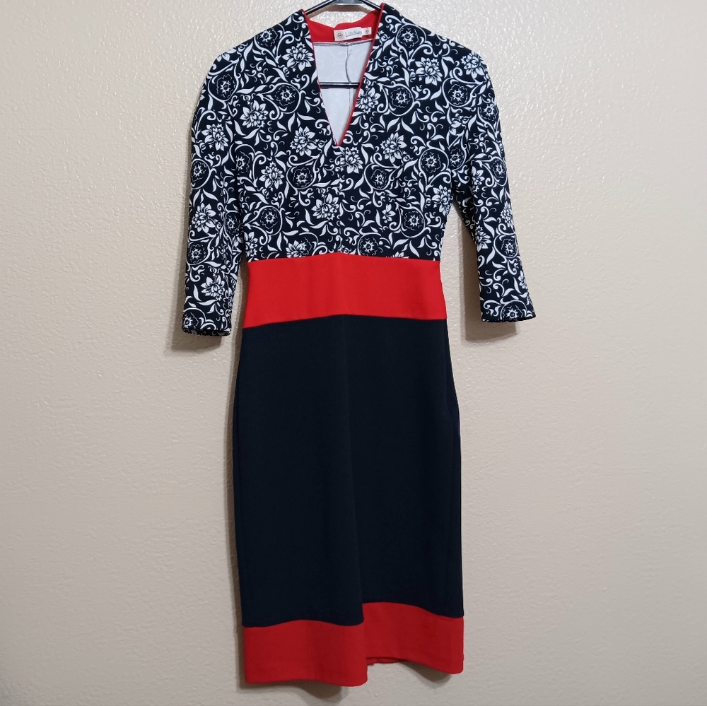 Lila Kass Navy White Red Floral Striped Knit Dress